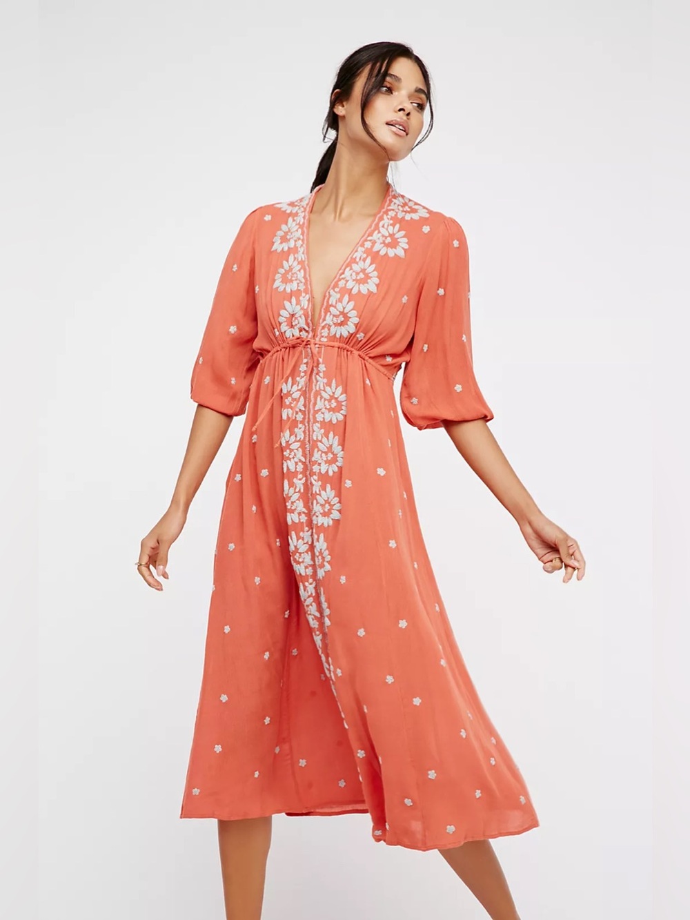 Free People Embroidered Fable Midi Dress in Coral Combo EUC